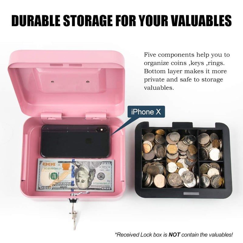 Kyodoled Medium Cash Box with Money Tray,Small Safe Lock Box with Key, Drawer,7.87"x 6.30"x 3.54" Pink - Image 4